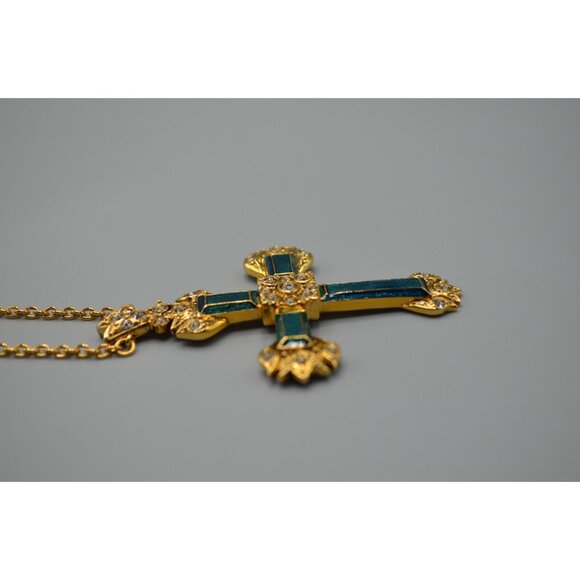 Ciro Thailand Gold Tone Cross Pendant Necklace w/ Green Inlay 19" Chain - Picture 4 of 9